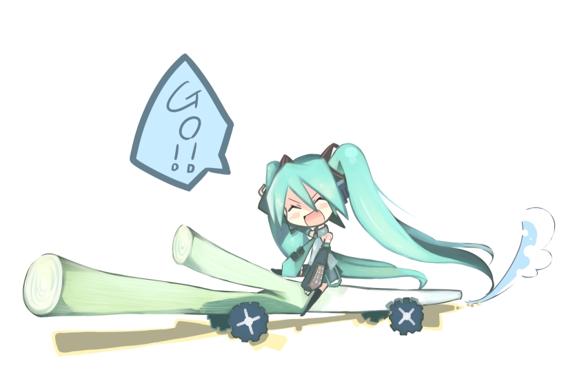 kanikama, hatsune miku, vocaloid, 1girl, aqua hair, blouse, chibi, collared shirt, female focus, grey shirt, hair between eyes, long hair, mini person, minigirl, shirt, shoulder tattoo, sleeveless, sleeveless shirt, solo, spring onion, tattoo, thighhighs, very long hair, white background