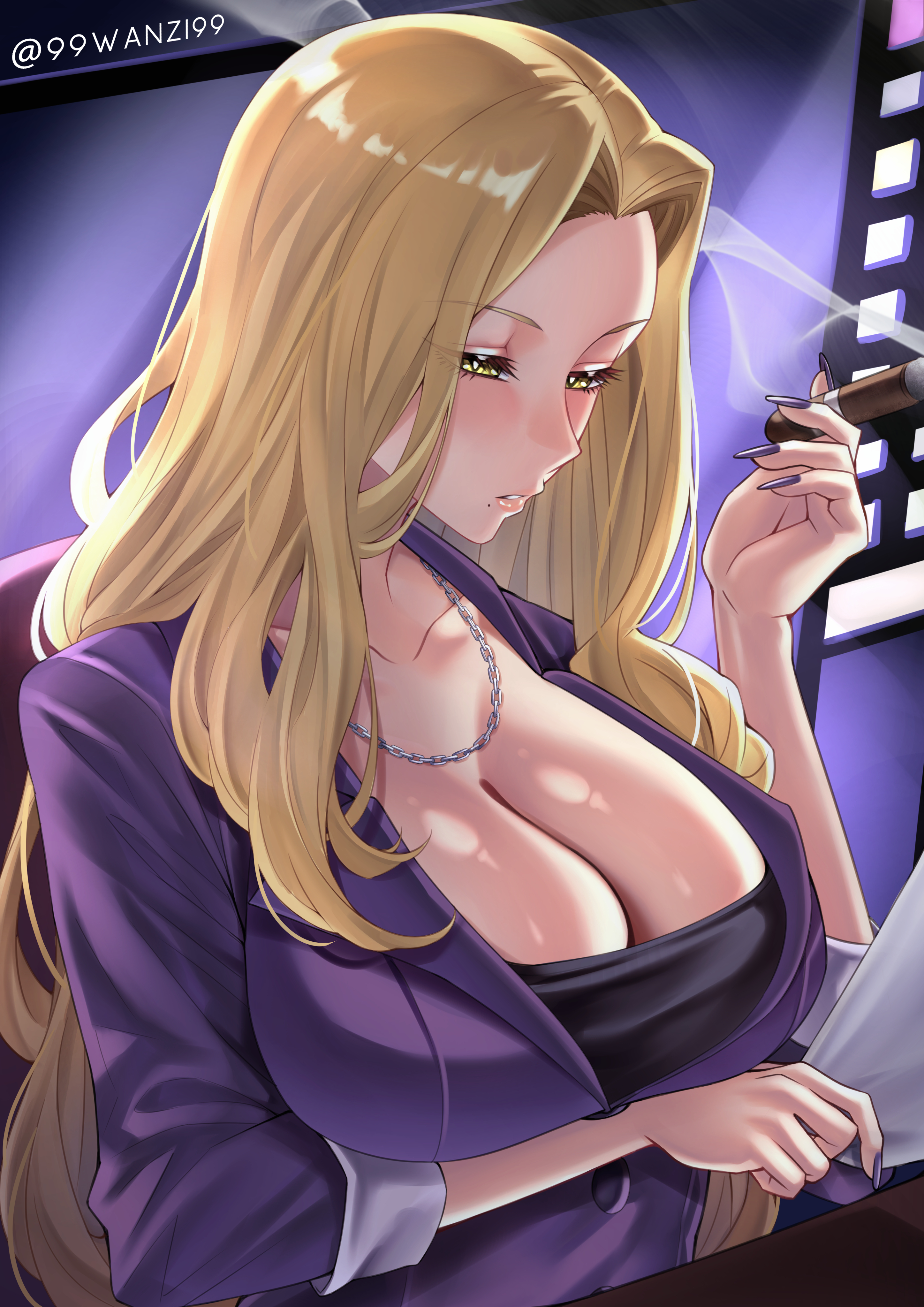 wanzi (99wanzi99), sono bisque doll wa koi wo suru, absurdres, clip studio paint (medium), commentary, highres, symbol-only commentary, 1girl, arm under breasts, black undershirt, blonde hair, breasts, chain, chain necklace, cigar, cleavage, collarbone, fingernails, hair intakes, half-closed eyes, hand up, holding, holding cigar, holding paper, jacket, jewelry, kamikage luna, large breasts, long hair, looking at object, mole, mole under mouth, nail polish, necklace, office lady, paper, parted bangs, parted lips, purple jacket, purple nails, sitting, sleeves rolled up, smoke, smoke trail, solo, twitter username, upper body, very long hair, yellow eyes