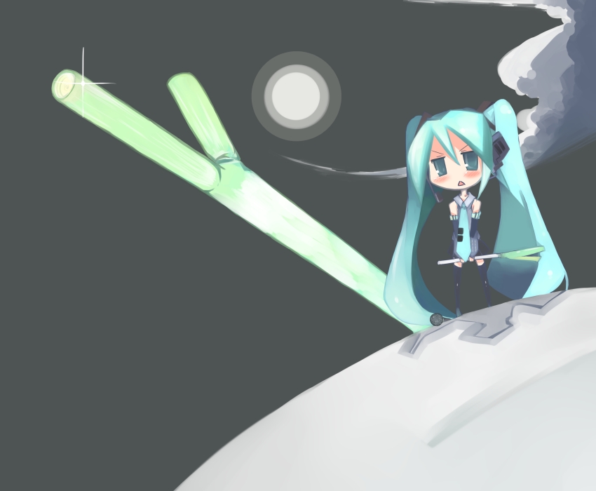 kanikama, hatsune miku, vocaloid, aqua eyes, aqua hair, black thighhighs, blouse, chibi, collared shirt, grey shirt, grey sky, hair between eyes, long hair, moon, necktie, shirt, sky, sleeveless, sleeveless shirt, solo, spring onion, thighhighs, twintails, very long hair
