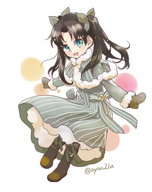 rori chuushin, tohsaka rin, tohsaka rin (march of the saints), fate/grand order, fate/zero, fate (series), commentary request, 1girl, black hair, blue eyes, boots, coat, full body, long hair, looking at viewer, mittens, open mouth, smile, solo