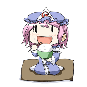 hato haru, saigyouji yuyuko, hidamari sketch, touhou, animated, animated gif, lowres, 1girl, aoki ume (style), female focus, food, food on face, hat, parody, rice, rice on face, solo, style parody, wide face