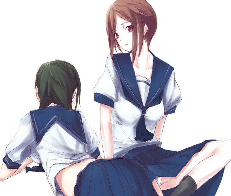 sakurai yuya, 2girls, ass, breasts, brown eyes, brown hair, from behind, green hair, lying, midriff, multiple girls, panties, pantyshot, school uniform, serafuku, short hair, simple background, sitting, skirt, underwear, upskirt, white background