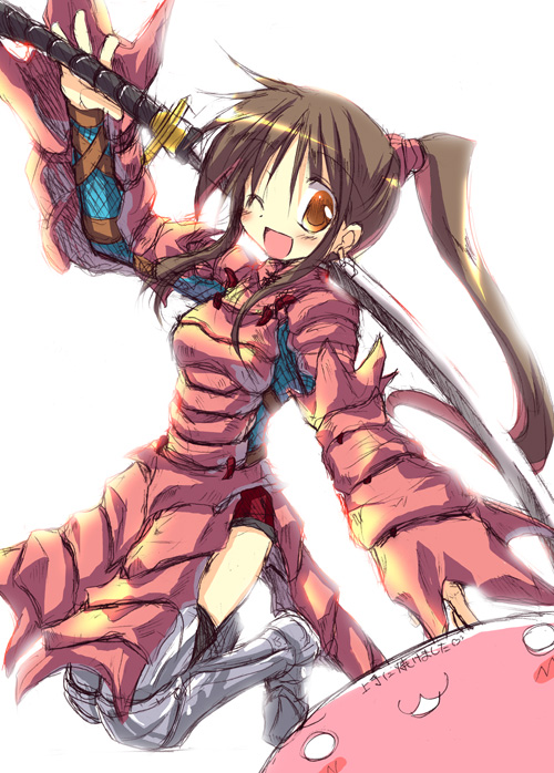 satou kibi, tagme, brown hair, one eye closed, ponytail, sword, weapon