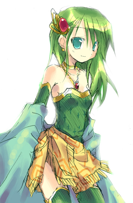 satou kibi, rydia (adult) (ff4), rydia (ff4), final fantasy, final fantasy iv, 1990s (style), 1girl, aged down, detached sleeves, earrings, female focus, green eyes, green hair, green lips, hair ornament, jewelry, lipstick, long hair, makeup, matching hair/eyes, necklace, retro artstyle, sketch, smile, solo, thighhighs