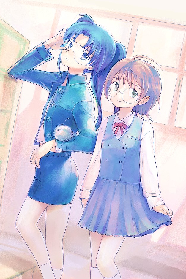 mekarauroko, amasawa yuuko, mojo (dennou coil), okonogi yuuko, dennou coil, 00s, 2girls, brown hair, glasses, multiple girls, short hair, skirt, twintails