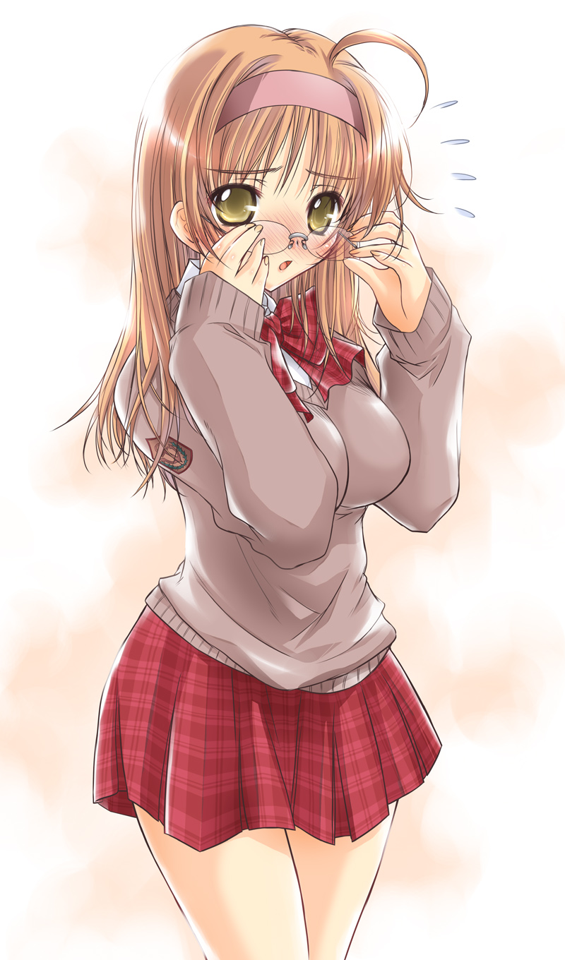 ayano naoto, original, highres, 1girl, ahoge, blush, breasts, brown hair, female focus, glasses, gradient background, green eyes, hairband, long hair, miniskirt, school uniform, serafuku, shy, skirt, solo, sweater