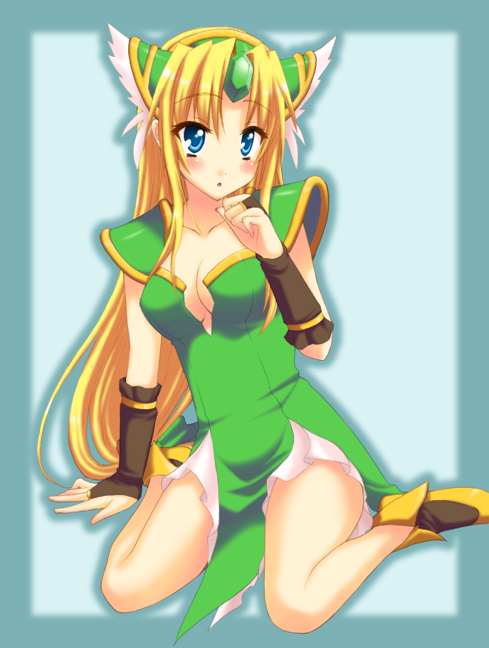 saki chisuzu, riesz, seiken densetsu, seiken densetsu 3, 1girl, bare legs, blonde hair, blue background, blue eyes, breasts, cleavage, collarbone, dress, female focus, full body, gem, green dress, headpiece, long hair, looking at viewer, low-tied long hair, shoes, shoulder pads, simple background, sitting, solo, yokozuwari
