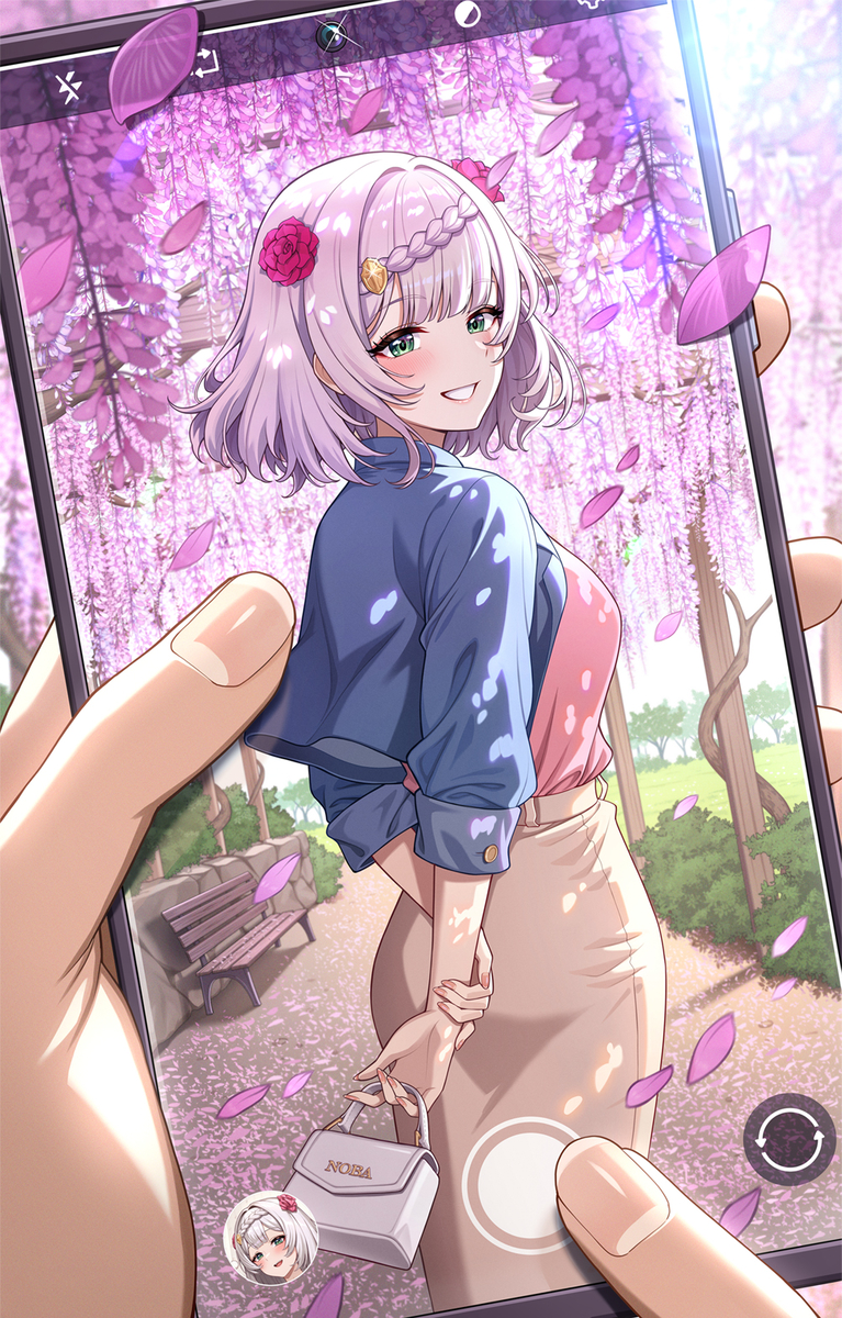 no-ba, noelle (genshin impact), genshin impact, commentary request, highres, 1girl, arms behind back, artist name, bag, bench, blue jacket, cellphone, day, falling petals, fingernails, flower, from behind, green eyes, grey hair, grin, hair flower, hair ornament, handbag, holding, holding bag, holding phone, jacket, looking at viewer, medium hair, open clothes, open jacket, outdoors, petals, phone, pink shirt, red flower, shirt, smile, solo, white bag