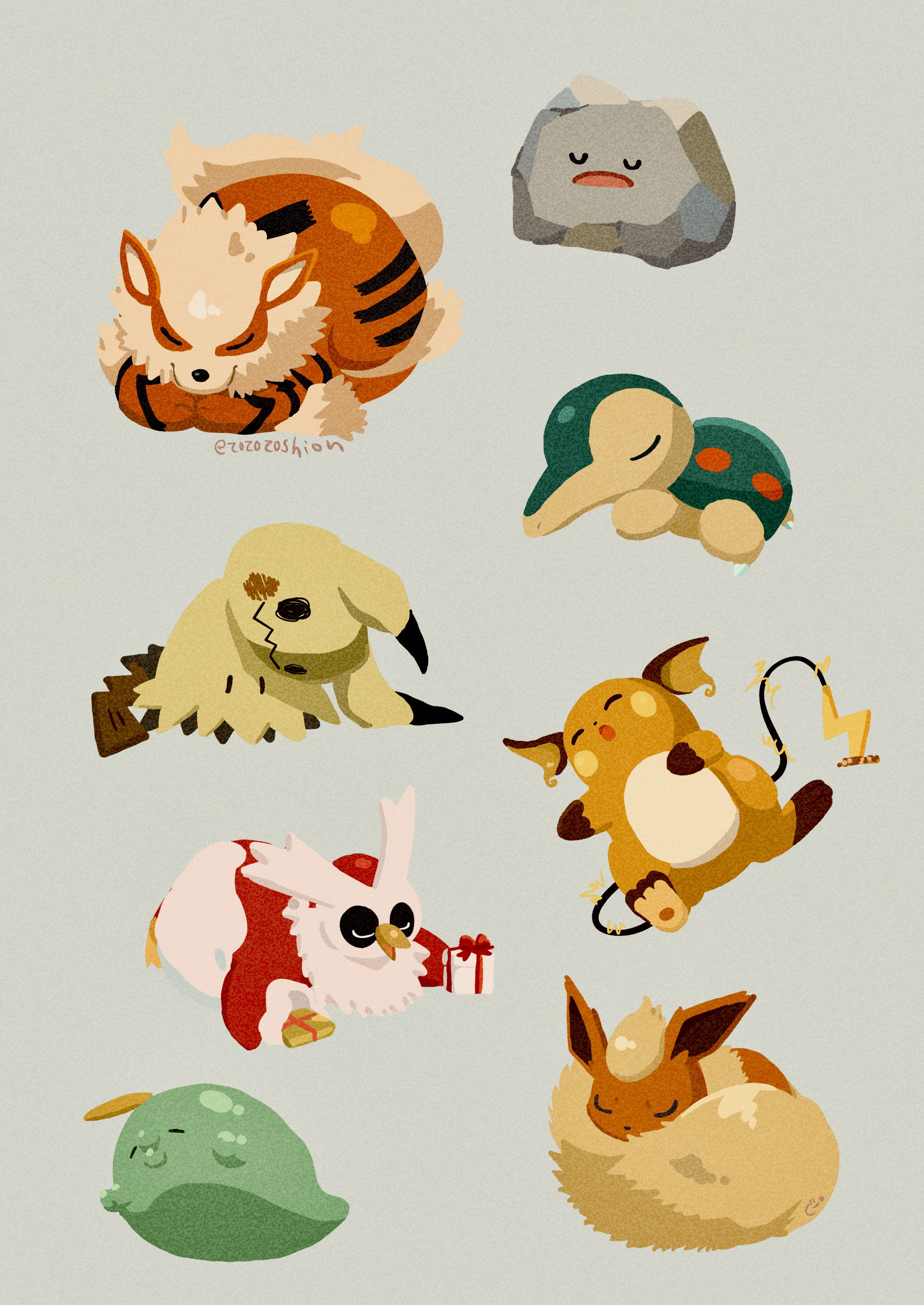zozozoshion, arcanine, cyndaquil, ditto, flareon, gulpin, mimikyu, raichu, transformed ditto, nintendo, pokemon, pokemon sleep, absurdres, highres, animal focus, closed eyes, closed mouth, curled up, fluffy, full body, gen 1 pokemon, gen 2 pokemon, gen 3 pokemon, gen 7 pokemon, neck fur, no humans, open mouth, orange fur, pokemon (creature), pokemon focus, rock, simple background, sleeping, tail, yellow fur