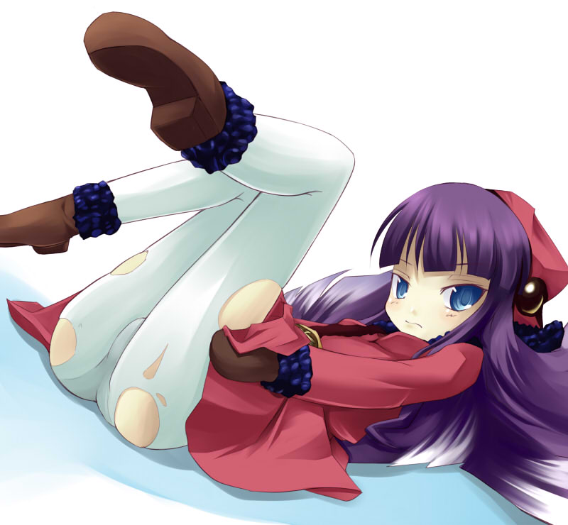 kuro (be ok), muu shuwuu (megami tensei), atlus, devil summoner (series), megami tensei, fur-trimmed footwear, 1girl, ass, blue eyes, demon (megami tensei), female focus, fur-trimmed headwear, fur trim, gloves, hat, loli, long hair, mittens, panties, pantyhose, pink hat, purple hair, solo, tight clothes, torn clothes, torn pantyhose, underwear, white pantyhose