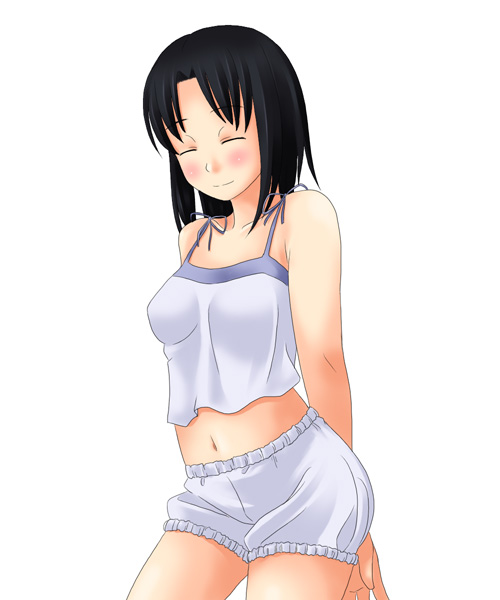 toshifumi, mizuno youko, maria-sama ga miteru, 00s, 1girl, arms behind back, bloomers, blush, closed eyes, female focus, maria sama, midriff, navel, solo, underwear, white bloomers