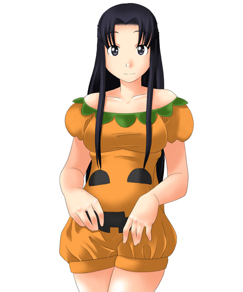 toshifumi, hosokawa kanako, maria-sama ga miteru, 00s, 1girl, collarbone, cowboy shot, dress, female focus, food print, halloween, jack-o'-lantern, long hair, looking at viewer, maria sama, off-shoulder dress, off shoulder, orange dress, puffy short sleeves, puffy sleeves, pumpkin, pumpkin costume, short sleeves, sidelocks, simple background, solo, very long hair, white background