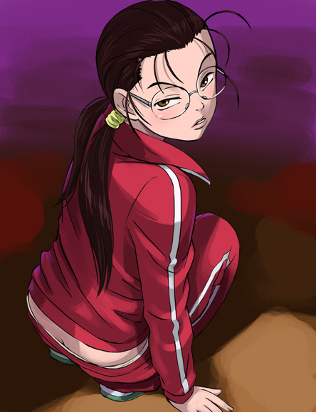 haruyama kazunori, kazuha, morimoto kozueko, yamaguchi kumiko, gokusen, 00s, 1girl, abstract background, arm support, blush, brown eyes, brown hair, butt crack, female focus, glasses, jacket, looking back, round eyewear, scowl, solo, squatting, track suit, twintails