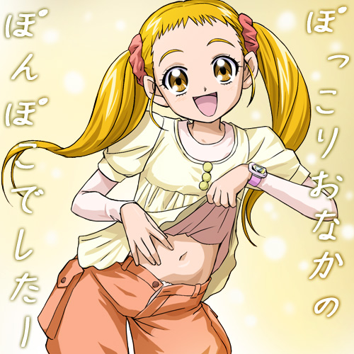 haruyama kazunori, kasugano urara (yes! precure 5), precure, yes! precure 5, lowres, translation request, 00s, clothes lift, navel, orange eyes, orange hair, shirt lift, twintails