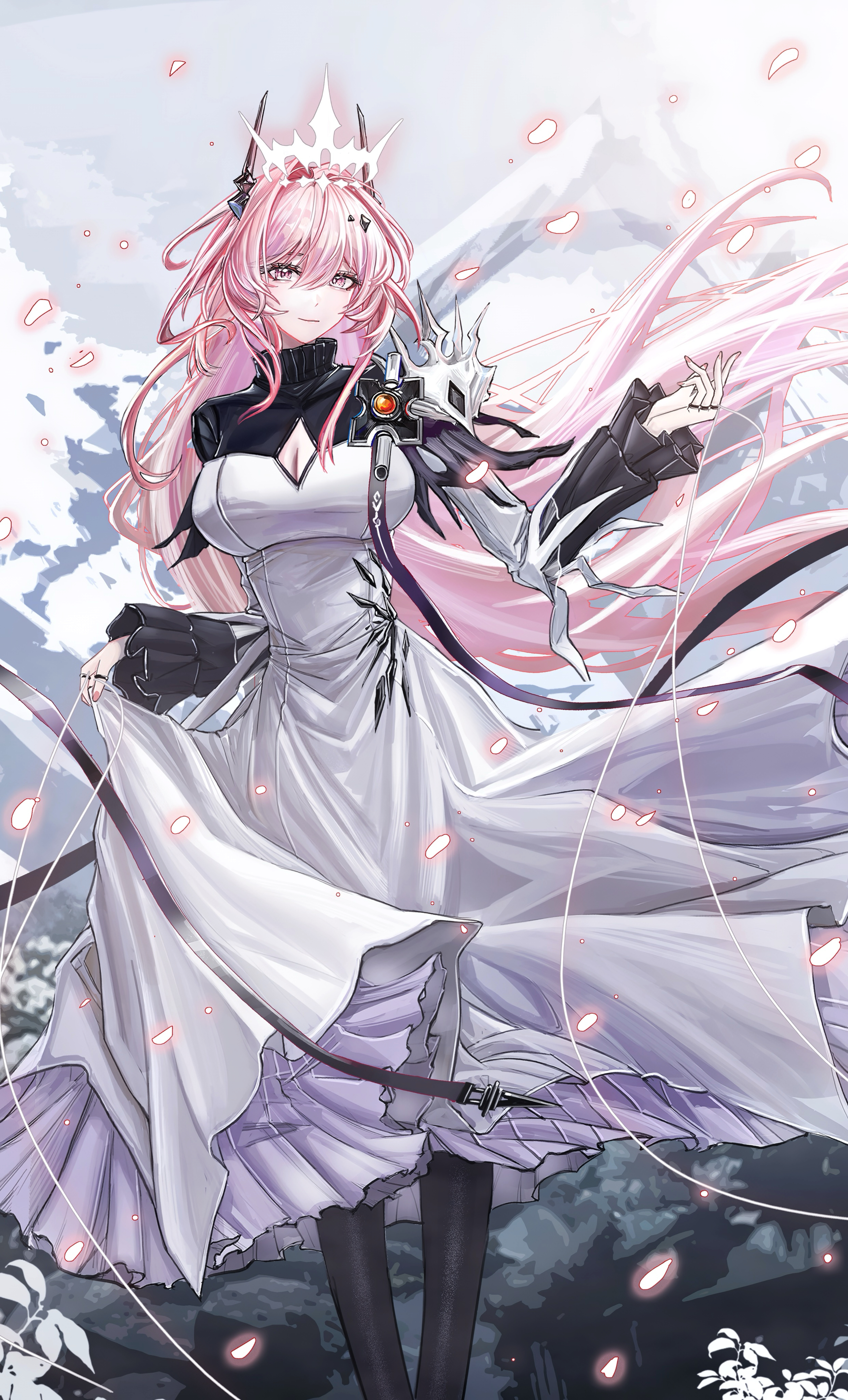 minuolin, theresa (arknights), arknights, absurdres, highres, 1girl, black pantyhose, breasts, cleavage cutout, clothing cutout, dress, horns, jewelry, large breasts, long dress, long hair, mountainous horizon, pantyhose, pink eyes, pink hair, ring, smile, white dress