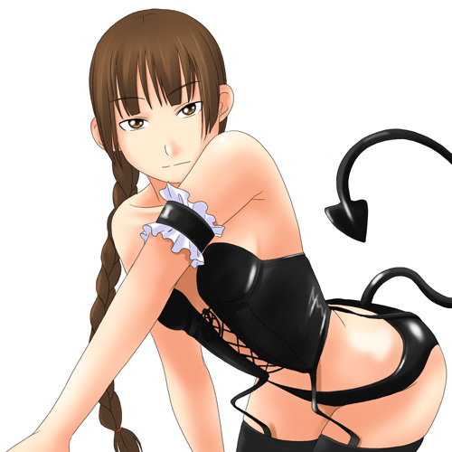 toshifumi, shimazu yoshino, maria-sama ga miteru, lowres, 00s, braid, brown eyes, brown hair, corset, hip focus, latex, leather, lingerie, maid, maria sama, midriff, panties, solo, tail, thighhighs, thighs, underwear