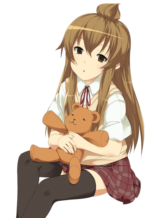 mizuki makoto, fujioka-kuma (minami-ke), minami chiaki, minami-ke, 00s, 1girl, ahoge, brown eyes, brown hair, female focus, long hair, solo, stuffed animal, stuffed toy, teddy bear, thighhighs, zettai ryouiki