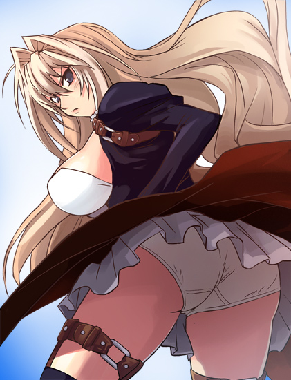 haruyama kazunori, tsukiumi, sekirei, 00s, 1girl, angry, ass, blonde hair, blue eyes, breasts, clothes lift, female focus, hip focus, huge breasts, large breasts, long hair, panties, pantyshot, sideboob, skirt, skirt lift, solo, thigh strap, underwear, white panties, wide hips