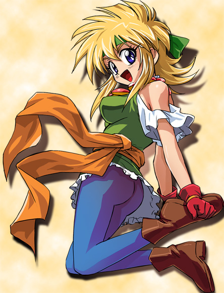 haruyama kazunori, tagme, bare shoulders, blonde hair, boots, leather, leather boots, off shoulder, retro artstyle, shiny skin, thighhighs