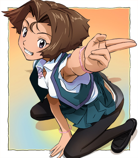 haruyama kazunori, miyabe yuko, strange dawn, armpit peek, armpits, bracelet, brown hair, clothes lift, jewelry, kneeling, necklace, panties, pantyhose, school uniform, serafuku, short hair, skirt, skirt lift, underwear, v