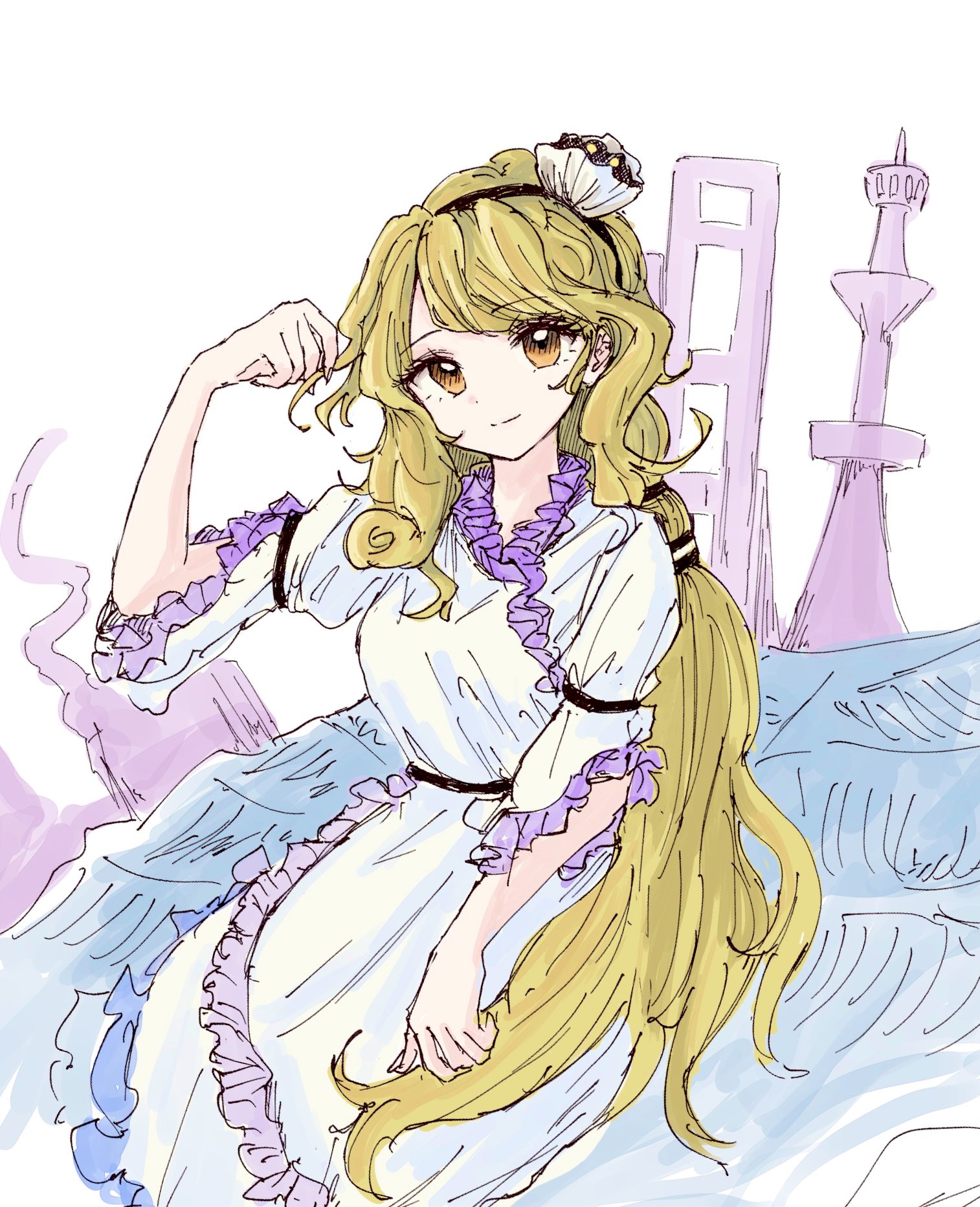 kashiwada kiiho, watari nina, touhou, highres, 1girl, blonde hair, clam shell, clam shell ornament, closed mouth, dress, frills, holding, holding own hair, long hair, looking at viewer, short sleeves, sitting, smile, solo, very long hair, white background, white dress, yellow eyes
