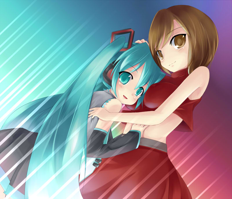kuro (be ok), hatsune miku, meiko (vocaloid), vocaloid, 2girls, aqua hair, long hair, multiple girls, short hair, very long hair