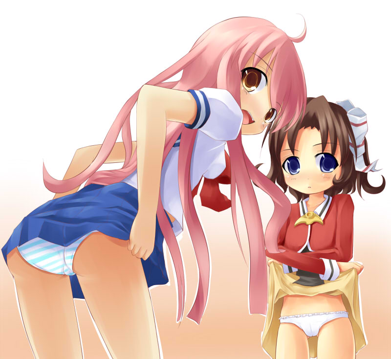 kuro (be ok), daidouji mayura, ooshima reiya, matantei loki ragnarok, 00s, 2girls, ass, bent over, bow, clothes lift, hair ribbon, loli, multiple girls, panties, pantyshot, pink hair, ribbon, school uniform, serafuku, skirt, skirt lift, striped clothes, striped panties, underwear