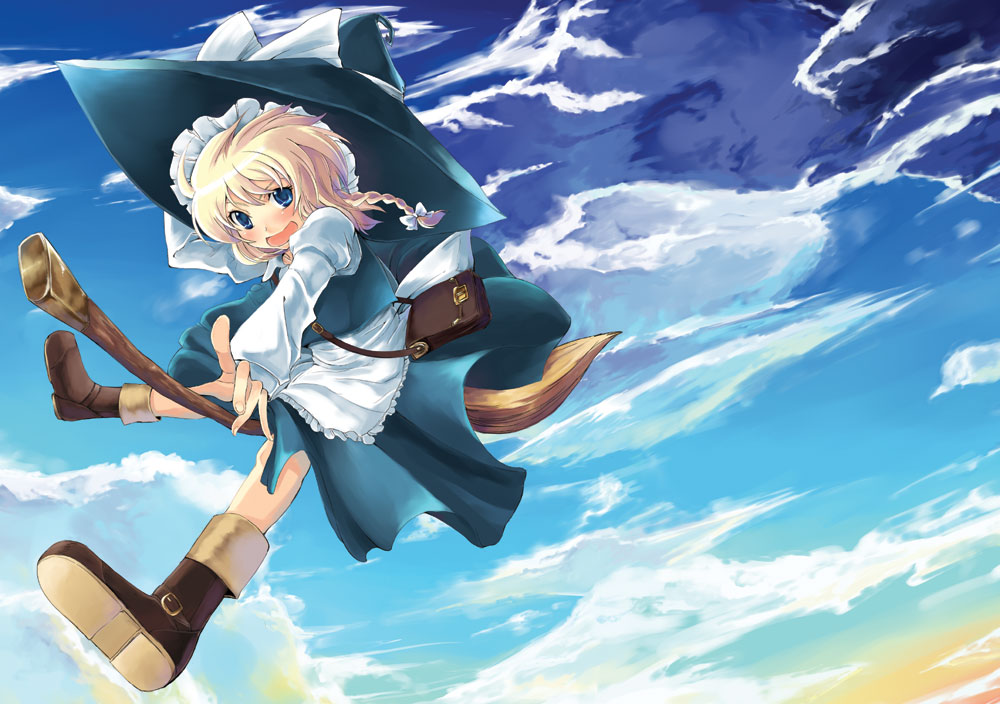 gin'ichi (akacia), ginichi, kirisame marisa, touhou, 1girl, blonde hair, broom, broom riding, cloud, day, female focus, hat, sky, solo, witch, witch hat