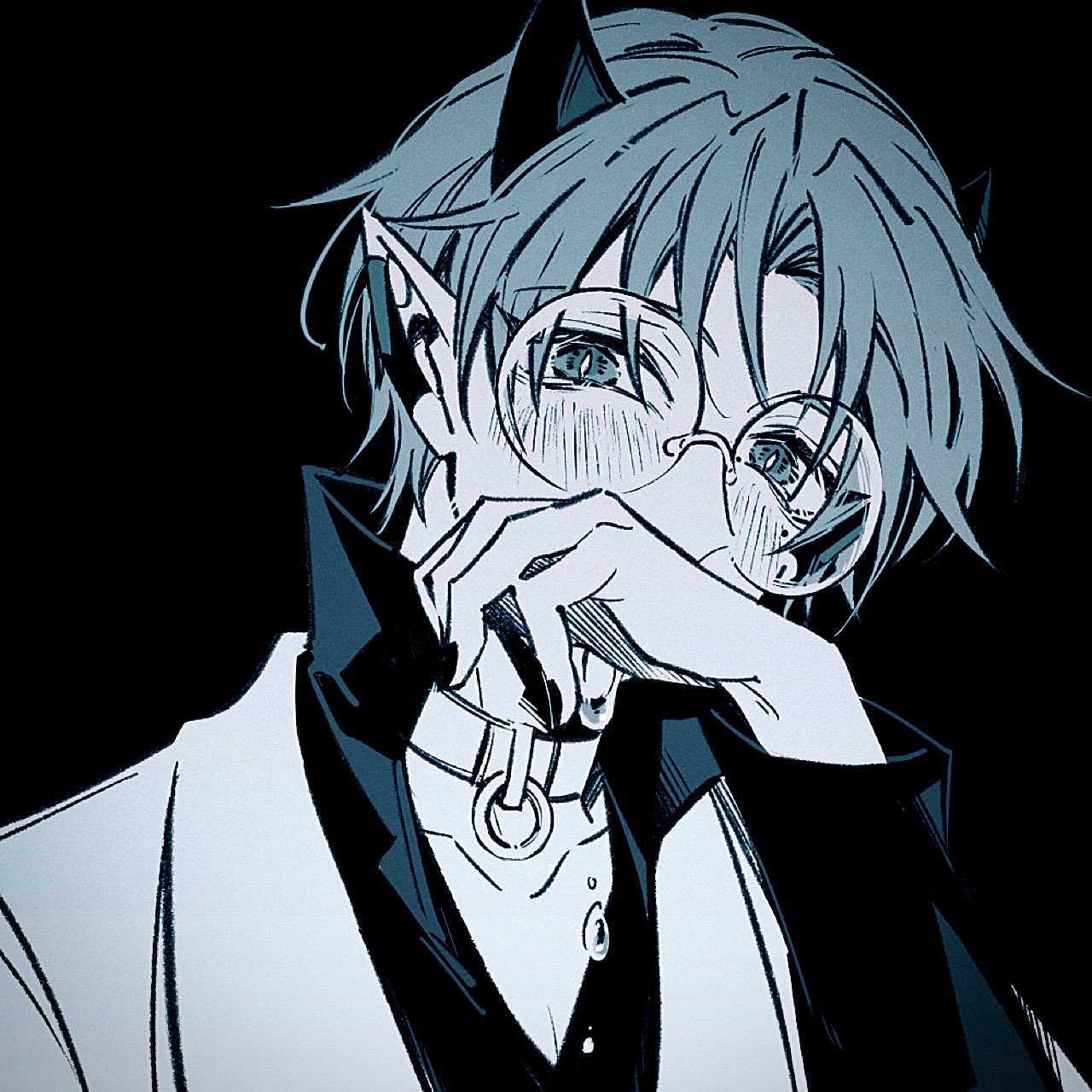 tochiko (spi), ami kiriwo, mairimashita! iruma-kun, highres, 1boy, black background, blush, choker, collared shirt, covering own mouth, demon boy, demon horns, drooling, earrings, glasses, high collar, horns, jewelry, looking at viewer, male focus, mole, mole under eye, monochrome, nail polish, pointy ears, shirt, short hair, simple background, slit pupils, solo, upper body