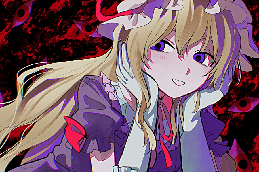 cotolu, yakumo yukari, touhou, 1girl, blonde hair, choker, dress, elbow gloves, frills, gap (touhou), gloves, hair between eyes, hat, head rest, long hair, looking at viewer, mob cap, purple dress, red background, red eyes, ribbon choker, short sleeves, smile, solo, teeth, upper body, white gloves