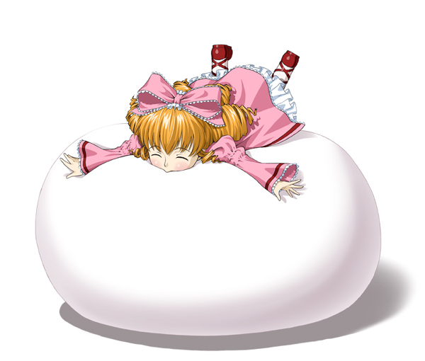 ichikawa masahiro, hinaichigo, rozen maiden, 00s, 1girl, blonde hair, blush, bow, daifuku, dress, drill hair, female focus, food, frills, ichigo daifuku, pink theme, short hair, solo, wagashi