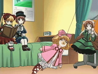hinaichigo, shinku, souseiseki, suiseiseki, rozen maiden, animated, animated gif, lowres, 00s, 4girls, cookie, food, gothic lolita, lolita fashion, multiple girls, qvga