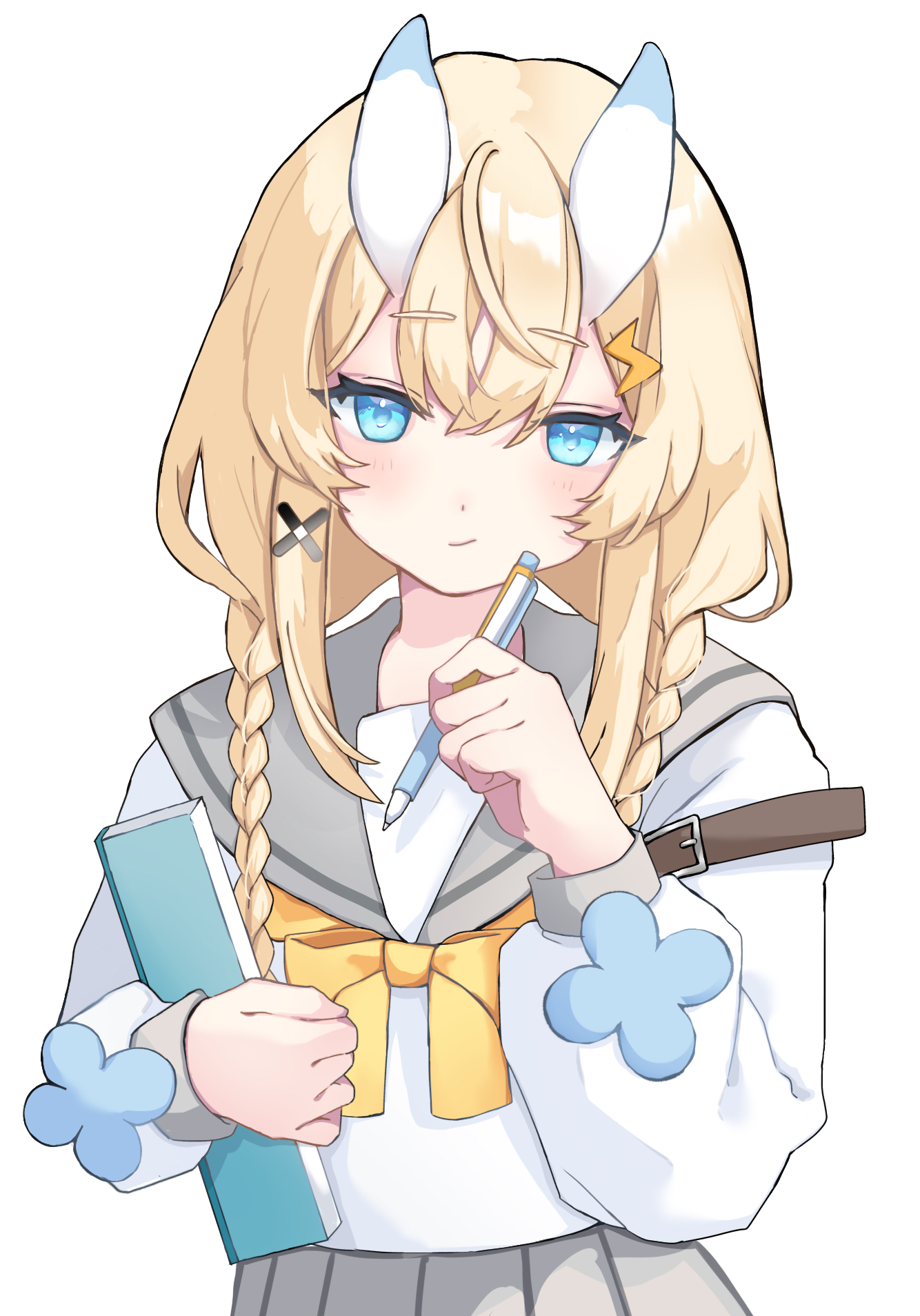 kadou mikaru, nijisanji, highres, 1girl, alternate costume, blonde hair, blue eyes, blue horns, blush, bow, bowtie, braid, closed mouth, cowboy shot, grey sailor collar, grey skirt, hair ornament, hair over shoulder, holding, holding notebook, holding pencil, horns, k laurel2, lightning bolt, lightning bolt hair ornament, lightning bolt symbol, long sleeves, looking at viewer, low twin braids, mechanical pencil, multicolored horns, no headwear, notebook, pencil, pleated skirt, puffy long sleeves, puffy sleeves, sailor collar, school uniform, serafuku, sidelocks, simple background, skirt, solo, standing, twin braids, two-tone horns, virtual youtuber, white background, white horns, x hair ornament, yellow bow, yellow bowtie