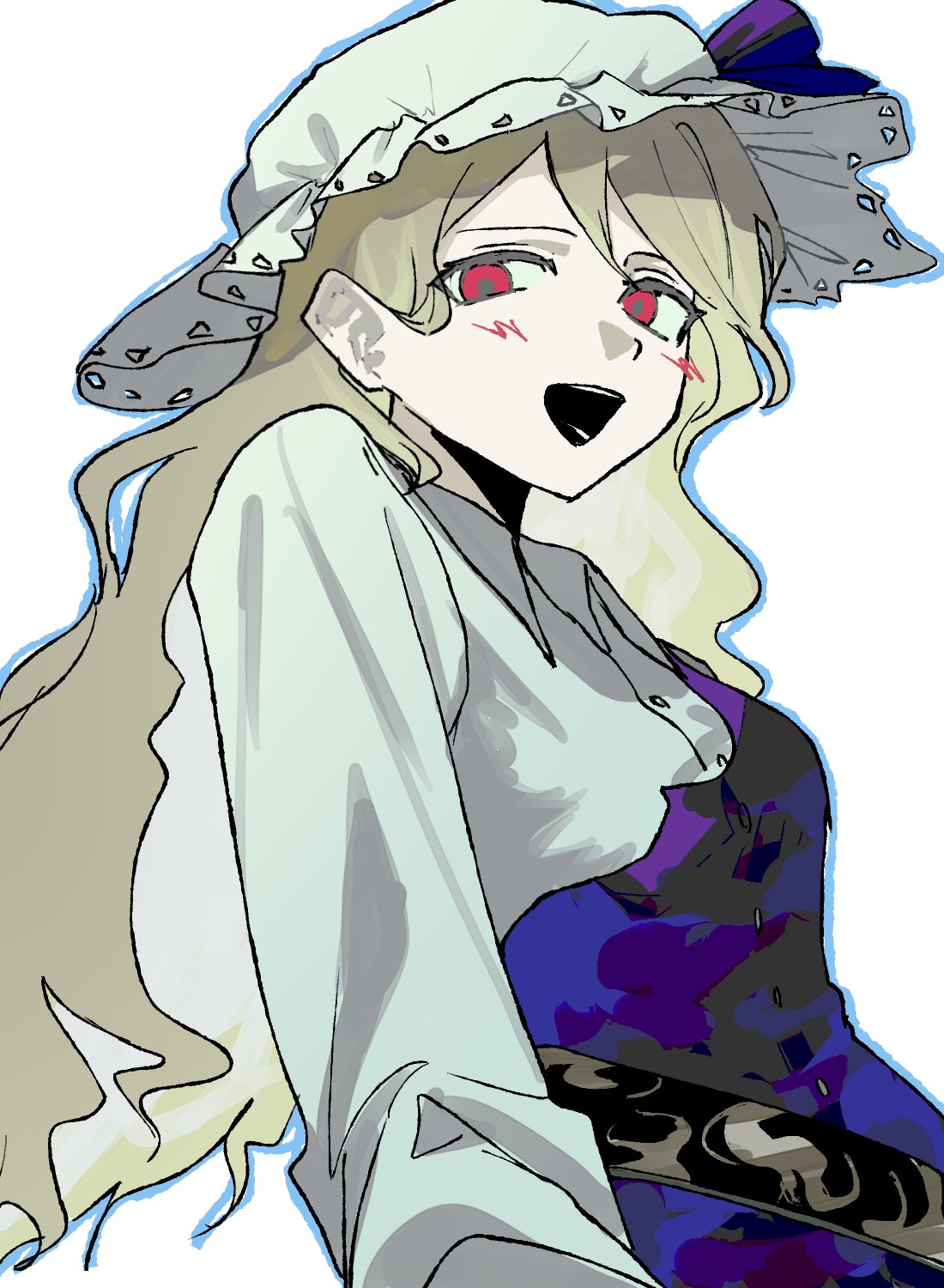 cotolu, watatsuki no toyohime, touhou, highres, 1girl, blonde hair, blush, collared shirt, dress, from below, hat, long hair, long sleeves, looking at viewer, looking down, mob cap, open mouth, purple dress, red eyes, shirt, smile, solo, upper body, white background, white shirt