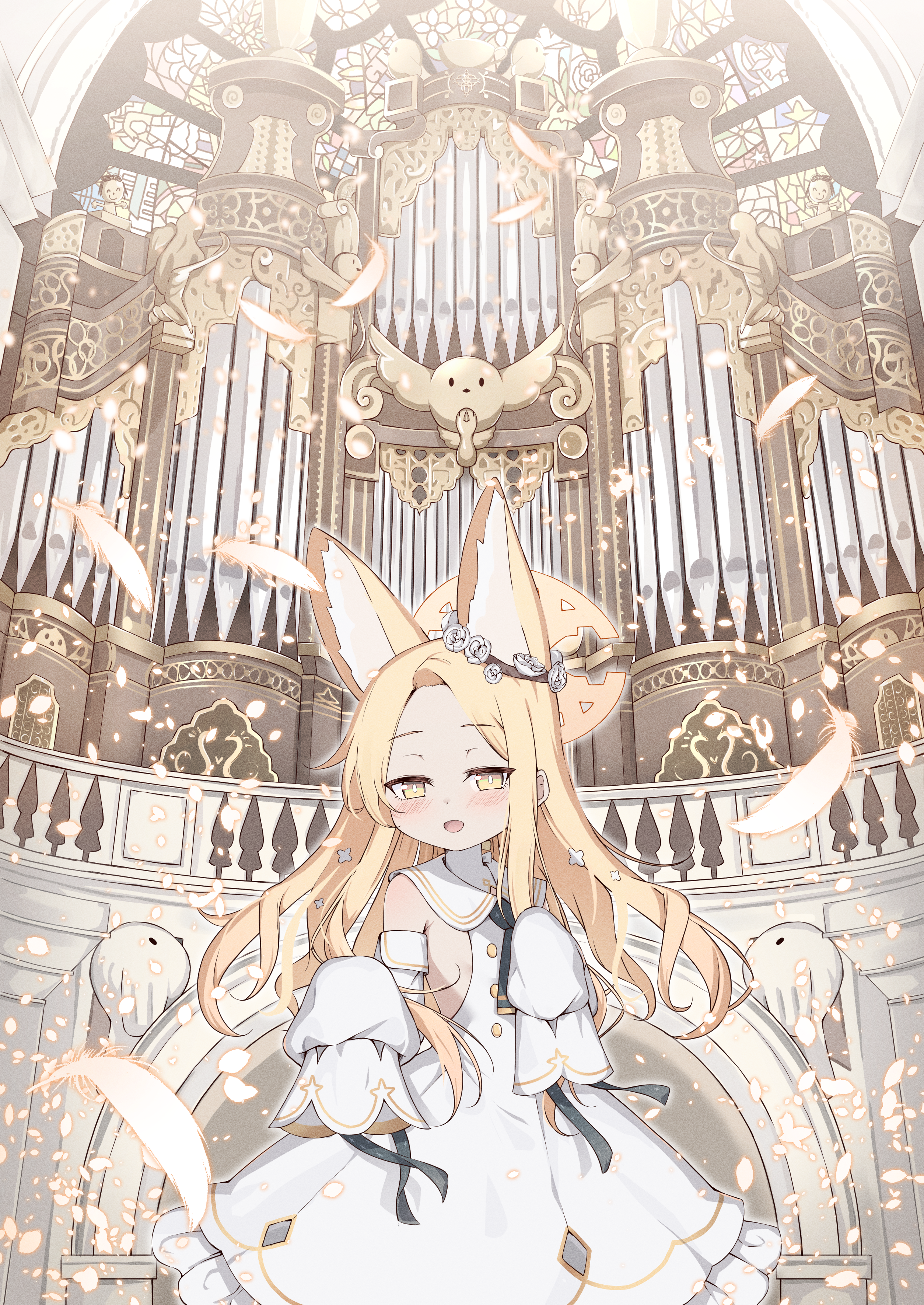 kyouwashi, doodle sensei (blue archive), seia (blue archive), sensei (blue archive), blue archive, absurdres, commentary request, highres, 1girl, animal ear fluff, animal ears, bird, blonde hair, blush, breasts, cowboy shot, cross halo, detached sleeves, dress, feathers, flower, forehead, fox ears, fox girl, hair flower, hair ornament, halo, indoors, instrument, long hair, looking at viewer, open mouth, organ (instrument), pipe organ, sleeves past fingers, sleeves past wrists, small breasts, solo, tit (bird), white dress, yellow eyes, yellow halo