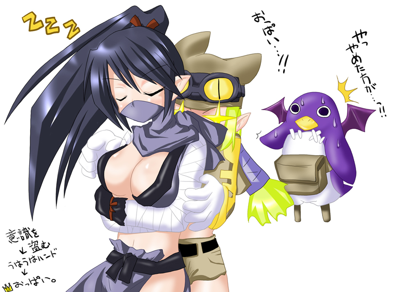 kunoichi (disgaea), ninja (disgaea), prinny, thief (disgaea), disgaea, makai senki disgaea 2, tagme, translation request, 2girls, bandaged arm, bandages, bat wings, black hair, blonde hair, body blush, breasts, cleavage, closed eyes, goggles, high ponytail, imminent grope, japanese clothes, large breasts, long hair, mask, mouth mask, multiple girls, navel, ninja, ninja mask, pointy ears, ponytail, revealing clothes, shiny skin, short shorts, shorts, wings
