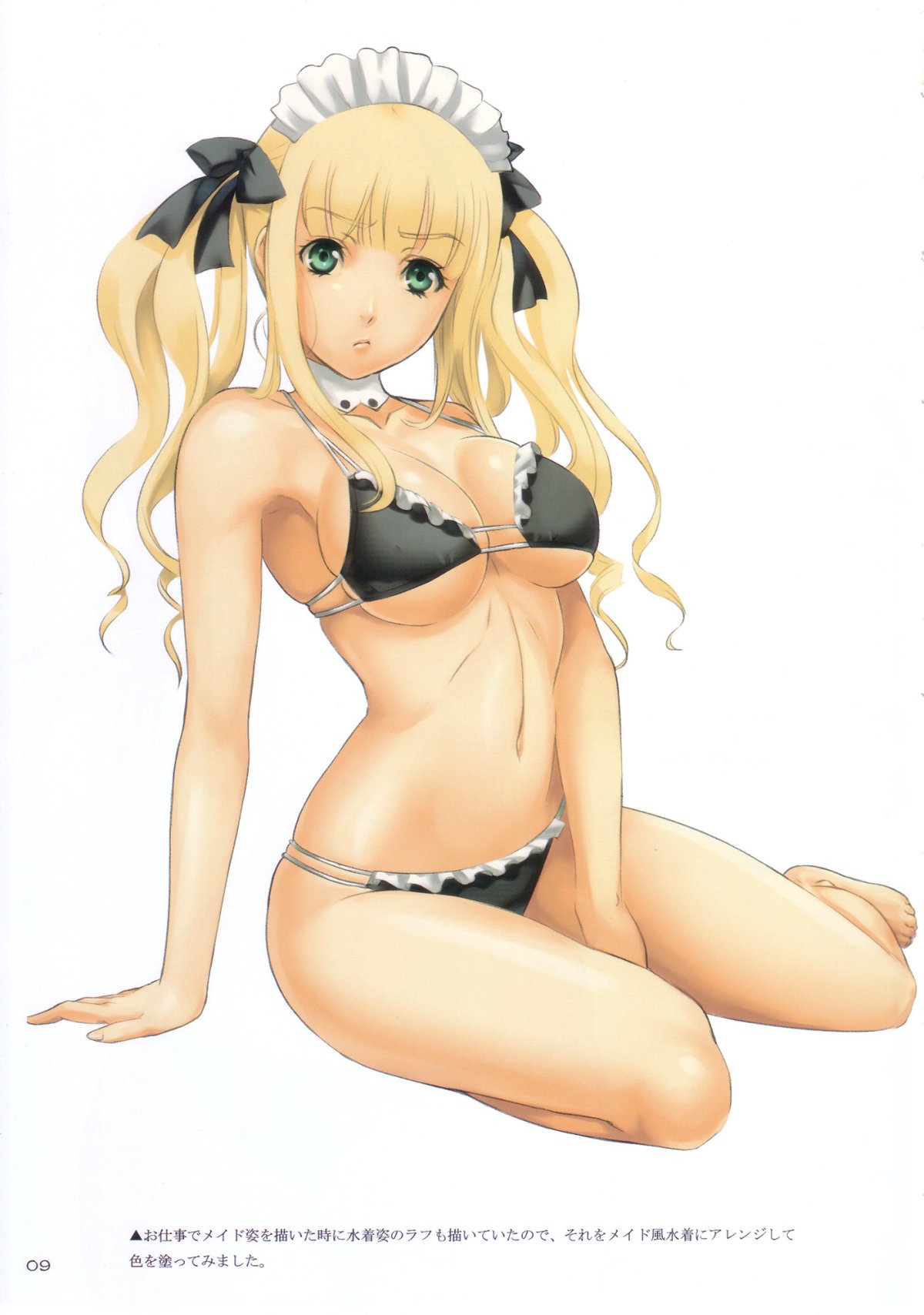 eiwa, highres, 1girl, arm support, barefoot, bikini, black bikini, blonde hair, breasts, detached collar, female focus, frown, green eyes, large breasts, maid, maid headdress, navel, sitting, solo, swimsuit, twintails, yokozuwari