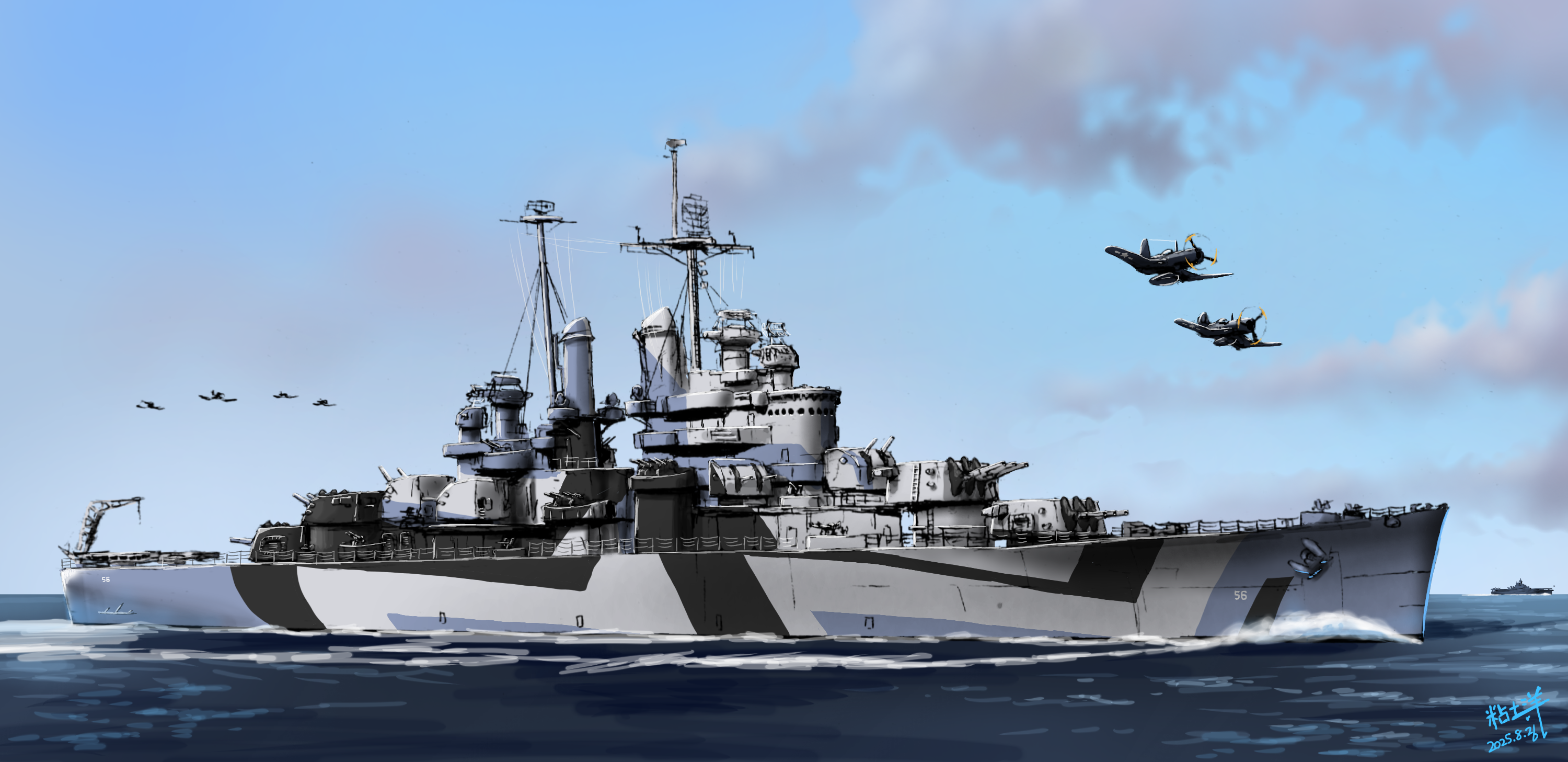nendoyo, f4u corsair, original, united states navy, commentary request, highres, aircraft, aircraft carrier, airplane, anti-aircraft, anti-aircraft gun, artistic error, autocannon, blue sky, bofors 40 mm gun, cannon, cloud, cruiser, dated, mast, military, military vehicle, no humans, ocean, oerlikon 20mm gun, outdoors, propeller fighter, sailing, ship, ship turret, signature, sky, smokestack, uss columbia (cl-56), vehicle focus, warship, watercraft, world war ii