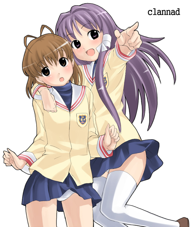 imaichi, fujibayashi kyou, furukawa nagisa, clannad, 00s, 2girls, antenna hair, breasts, legs, multiple girls, open mouth, panties, pantyshot, school uniform, serafuku, small breasts, thighhighs, underwear, upskirt, zettai ryouiki