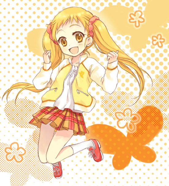 matsuzawa hajime, kasugano urara (yes! precure 5), precure, yes! precure 5, 00s, 1girl, female focus, miniskirt, orange background, orange eyes, orange hair, skirt, socks, solo, twintails