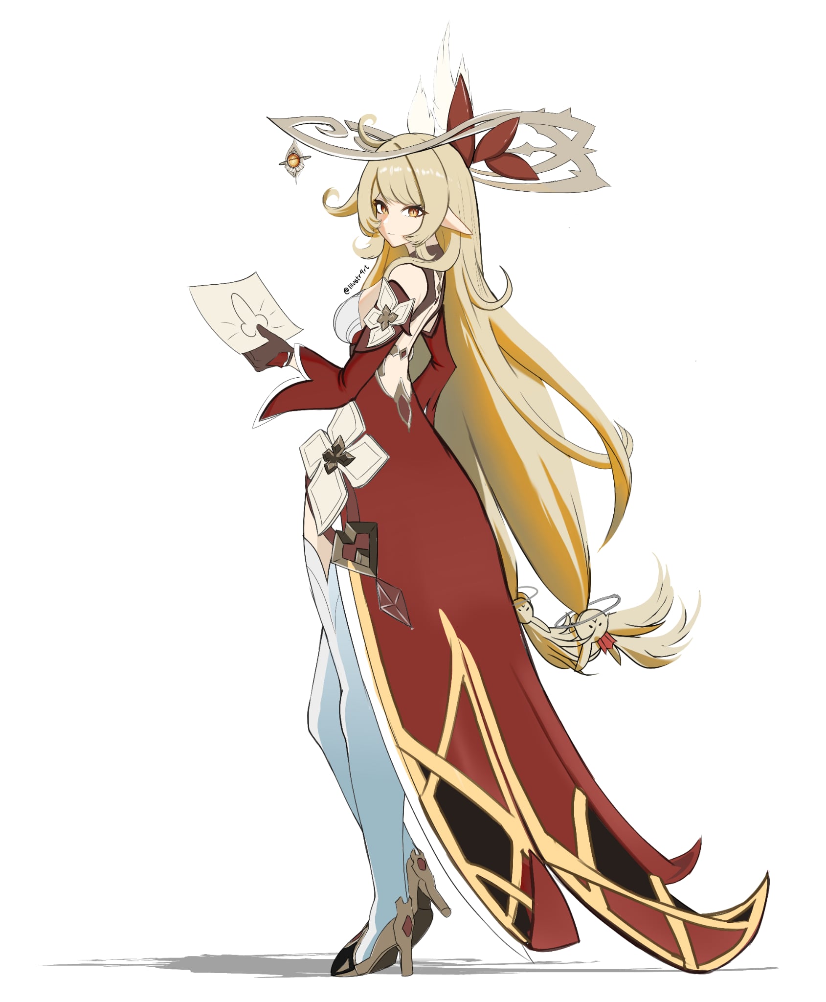 alice (genshin impact), genshin impact, highres, 1girl, blonde hair, cowlick, dress, elf, full body, gold halo, illustr4rt, long hair, pointy ears, pyro symbol (genshin impact), red dress, red sleeves, simple background, solo, twitter username, white background