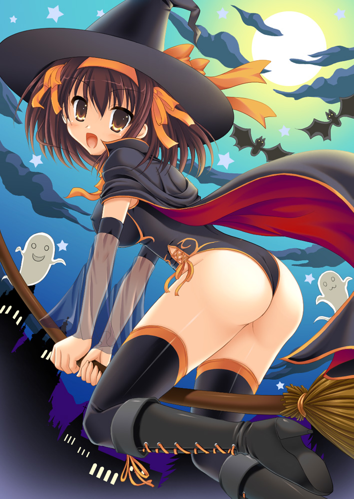 uehiro, suzumiya haruhi, suzumiya haruhi no yuuutsu, 00s, 1girl, :3, ass, bat (animal), blush, boots, broom, broom riding, cape, detached sleeves, female focus, ghost, halloween, hat, moon, solo, thighhighs, witch, witch hat