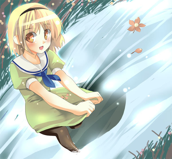 shigen, houjou satoko, higurashi no naku koro ni, 00s, 1girl, bad anatomy, blonde hair, female focus, hairband, leaf, looking at viewer, pantyhose, poorly drawn, river, sailor collar, school uniform, skirt, skirt tug, smile, snow, solo, wading, yellow eyes