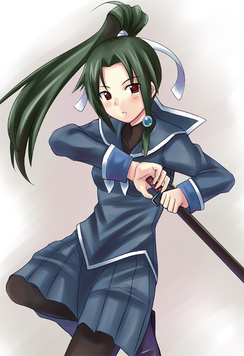 kisugi akira, tagme, 1girl, female focus, grey background, ponytail, school uniform, solo, standing, weapon