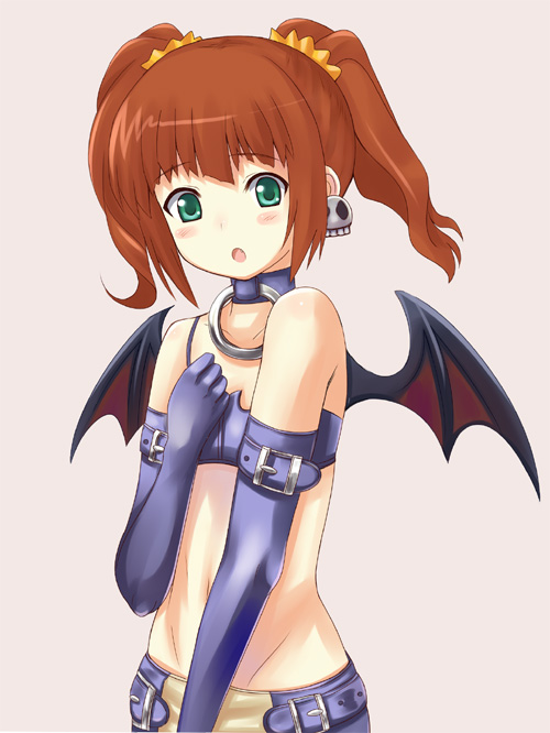 kisugi akira, etna (disgaea), takatsuki yayoi, disgaea, idolmaster, idolmaster (classic), tagme, 1girl, cosplay, elbow gloves, female focus, gloves, simple background, solo, standing, wings