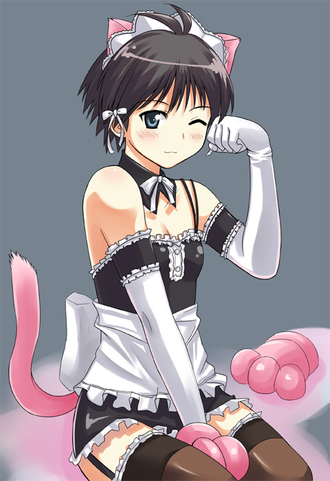 kisugi akira, kikuchi makoto, idolmaster, idolmaster (classic), tagme, 1girl, animal ears, bow, cat ears, female focus, gloves, grey background, maid, one eye closed, pink tail, sitting, solo, tail, thighhighs