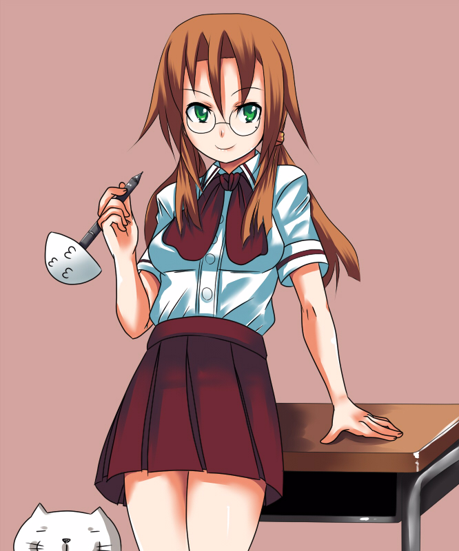 johnny funamushi, azuma satori, bamboo blade, 00s, 1girl, bare legs, bow, bowtie, desk, female focus, glasses, jolly roger, ladle, looking at viewer, orange background, pleated skirt, red bow, red bowtie, red skirt, school uniform, serafuku, shirt, short sleeves, simple background, skirt, solo, standing, table, thighs, white shirt