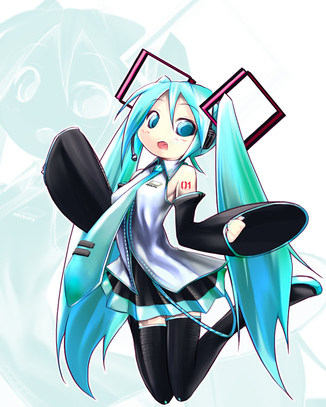 hatsune miku, vocaloid, blue eyes, detached sleeves, jumping, long hair, necktie, solo, thighhighs, twintails, very long hair
