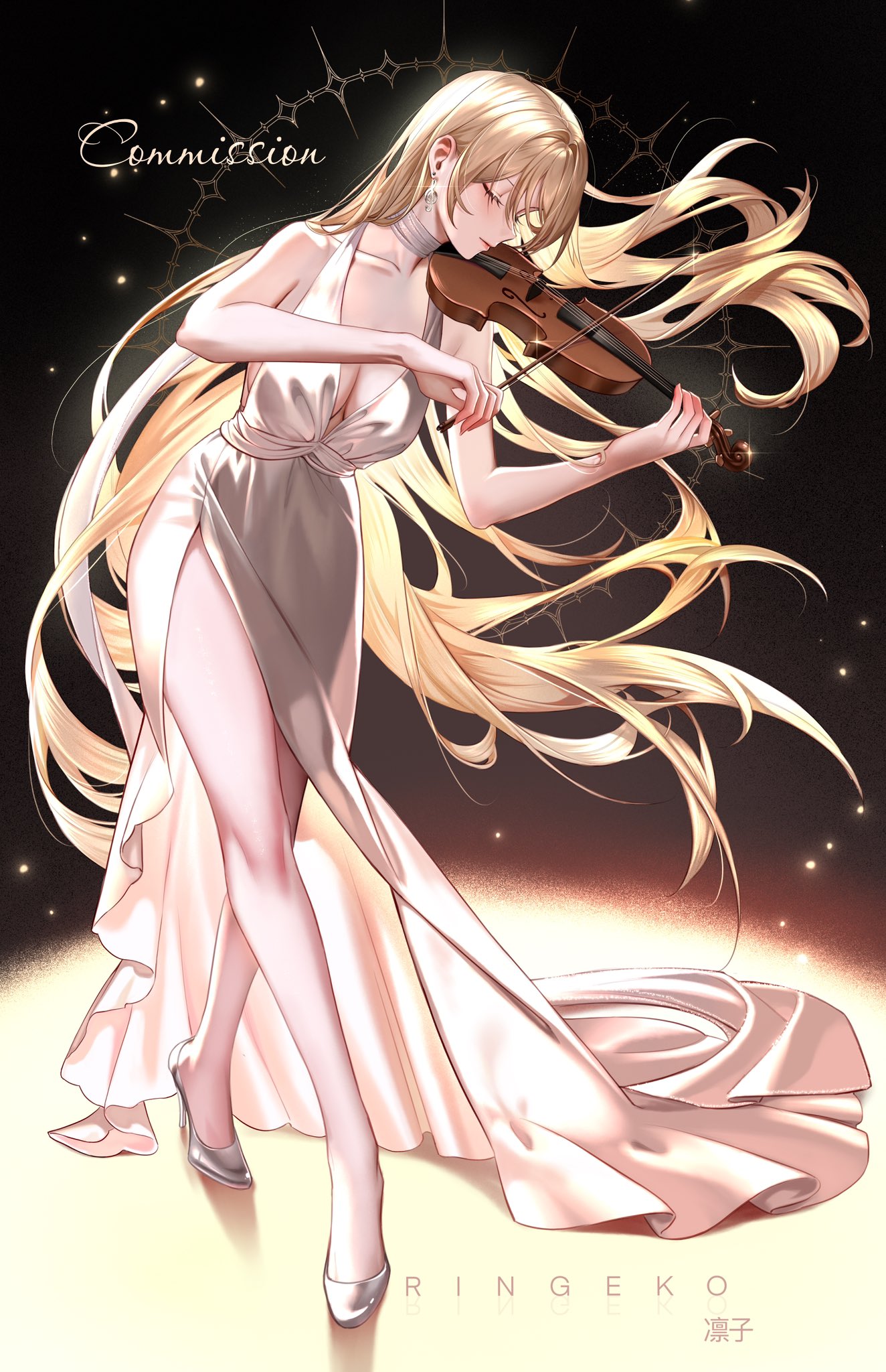 ringeko-chan, original, commentary, commission, highres, symbol-only commentary, 1girl, artist name, bare shoulders, blonde hair, breasts, closed eyes, closed mouth, collarbone, dress, earrings, floating hair, full body, high heels, instrument, jewelry, leaning forward, long hair, medium breasts, music, musical note earrings, playing instrument, shoes, side slit, solo, standing, violin, white dress, white shoes