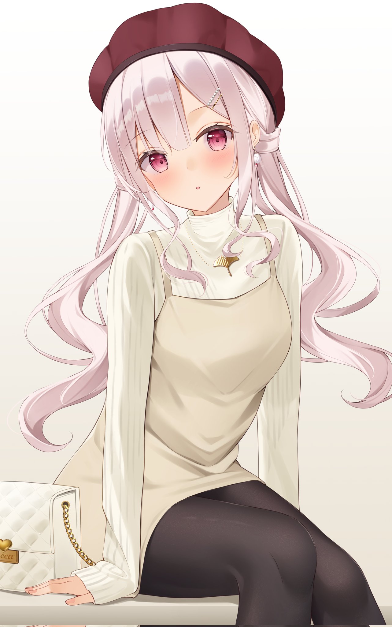 lacca (lalalacca), original, commentary, highres, symbol-only commentary, 1girl, bag, black pantyhose, blush, brown dress, camisole, camisole over clothes, dress, hat, long hair, long sleeves, looking at viewer, low twintails, pantyhose, pink eyes, pink hair, red hat, sitting, sleeveless, sleeveless dress, solo, sweater, twintails, white sweater